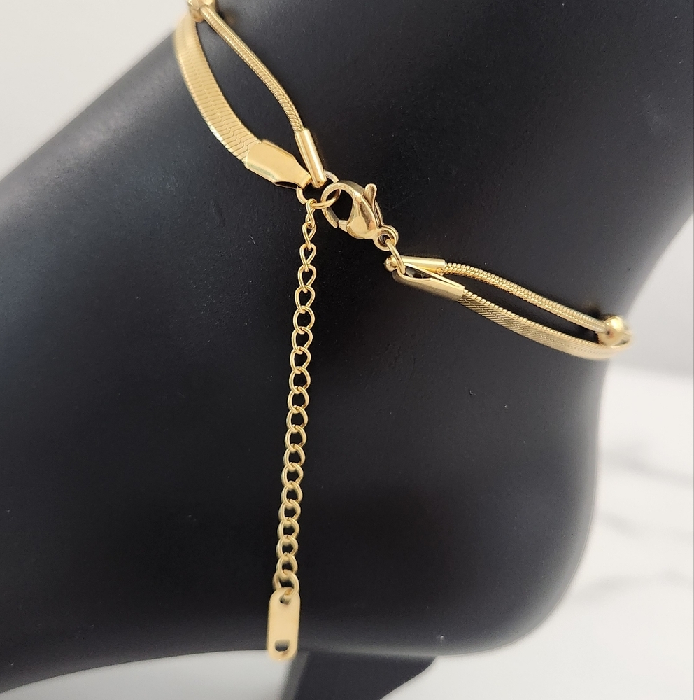 Gold Plated Double Layer Anklet Herringbone Blade Snake Chain Bead Anklet Y2K - Picture 9 of 13